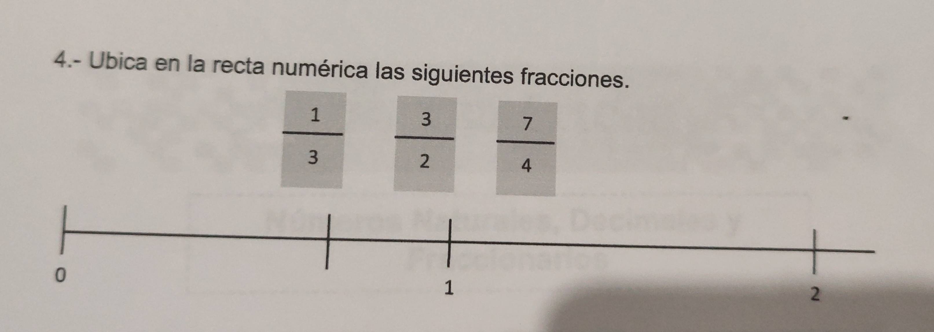 4.- Ubica en la recta numérica las siguientes fracciones.
 1/3   3/2   7/4 