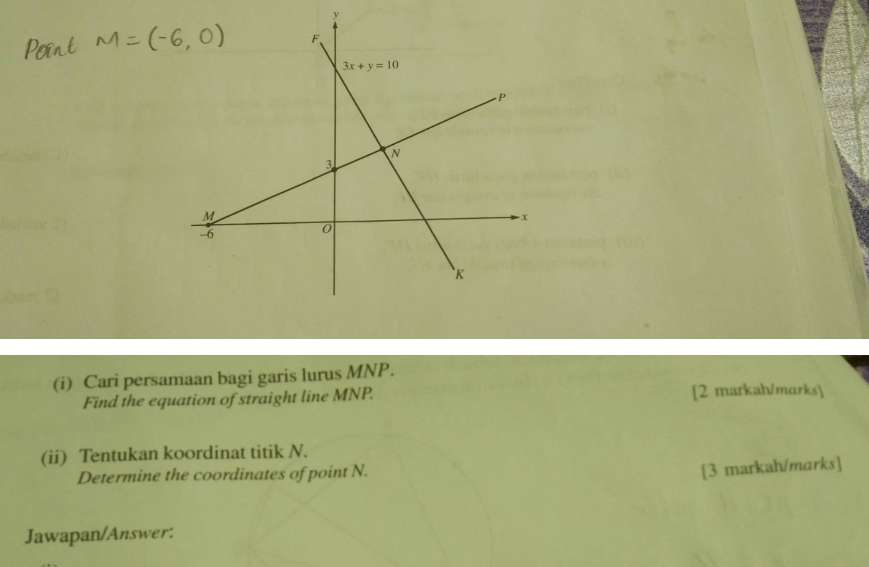 Cari persamaan bagi garis lurus MNP.
Find the equation of straight line MNP. [2 markah/marks]
(ii) Tentukan koordinat titik N.
Determine the coordinates of point N.
[3 markah/marks]
Jawapan/Answer: