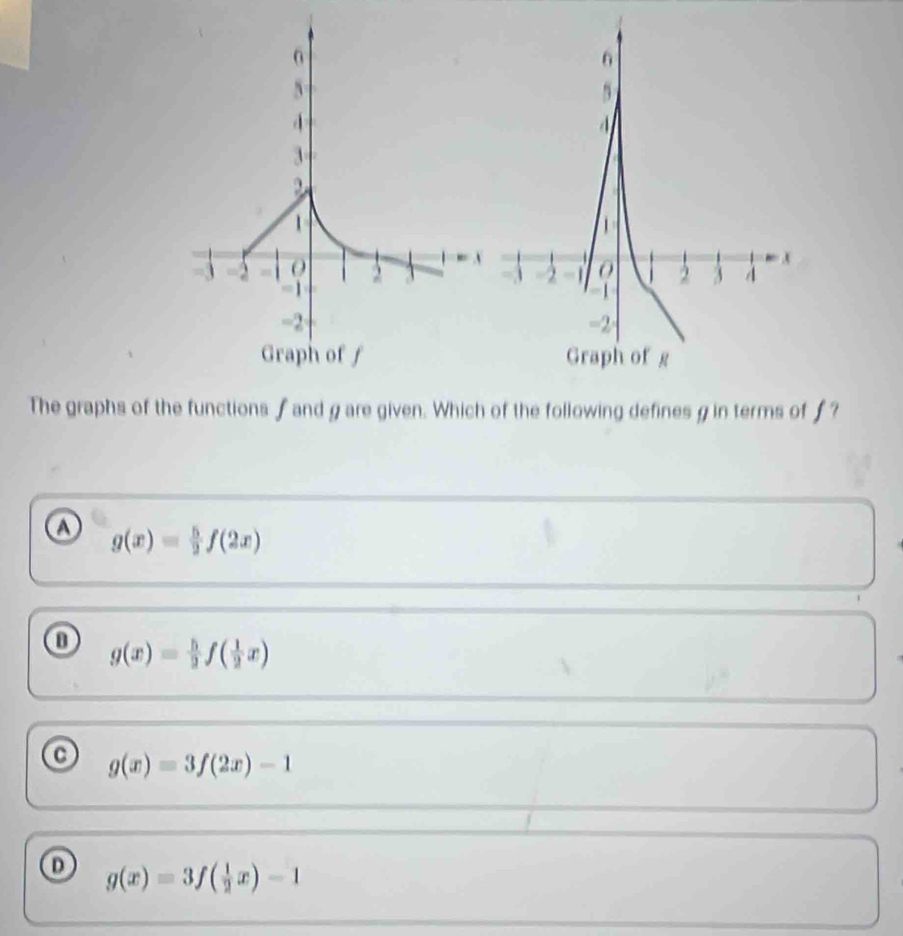 The graphs of the functions f and g are given. Which of the following defines g in terms of ƒ?
ω g(x)= 5/2 f(2x)
0 g(x)= 5/2 f( 1/2 x)
g(x)=3f(2x)-1
g(x)=3f( 1/2 x)-1