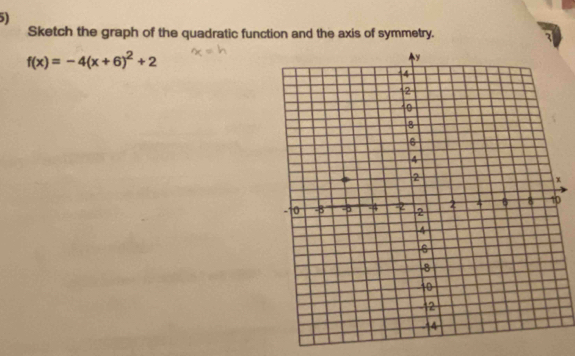 Sketch the graph of the quadratic function and the axis of symmetry.
f(x)=-4(x+6)^2+2
0