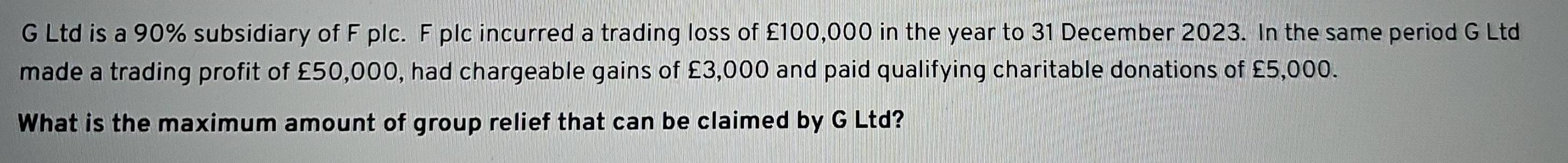 Ltd is a 90% subsidiary of F plc. F plc incurred a trading loss of £100,000 in the year to 31 December 2023. In the same period G Ltd 
made a trading profit of £50,000, had chargeable gains of £3,000 and paid qualifying charitable donations of £5,000. 
What is the maximum amount of group relief that can be claimed by G Ltd?