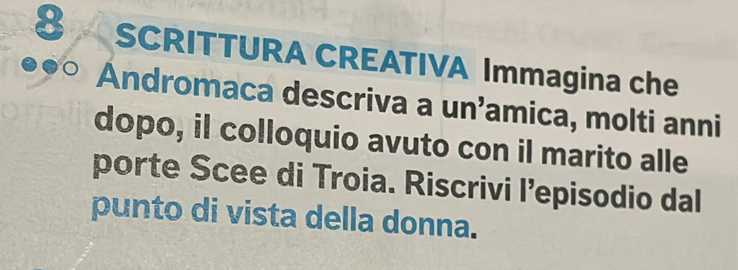 SCRITTURA CREATIVA Immagina che 
Andromaca descriva a un’amica, molti anni 
dopo, il colloquio avuto con il marito alle 
porte Scee di Troia. Riscrivi l’episodio dal 
punto di vista della donna.