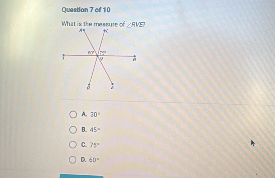 What is the measure of  2
A. 30°
B. 45°
C. 75°
D. 60°