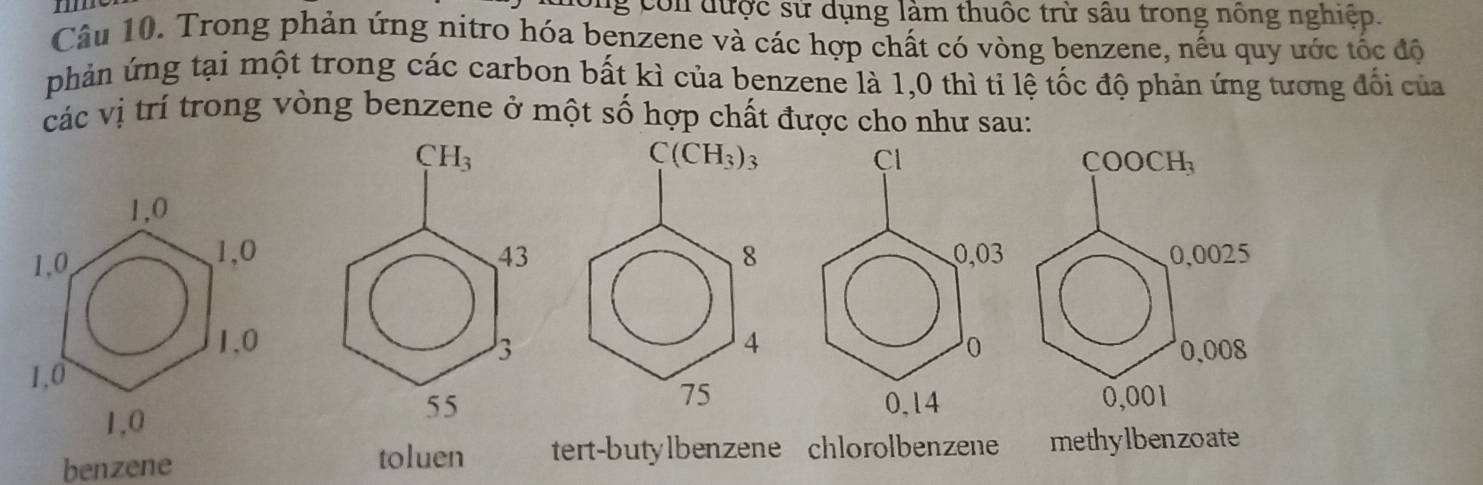 con được sử dụng làm thuốc trừ sâu trong nông nghiệp.
Câu 10. Trong phản ứng nitro hóa benzene và các hợp chất có vòng benzene, nếu quy ước tốc độ
phản ứng tại một trong các carbon bất kì của benzene là 1,0 thì tỉ lệ tốc độ phản ứng tương đối của
các vị trí trong vòng benzene ở một số hợp chất được cho như sau:
benzene toluen tert-butylbenzene chlorolbenzene methylbenzoate