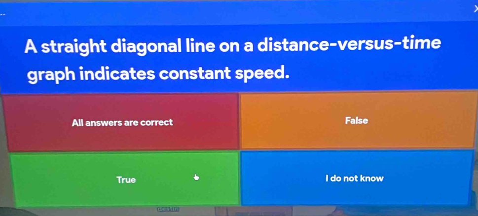 A straight diagonal line on a distance-versus-time
graph indicates constant speed.
All answers are correct False
True I do not know