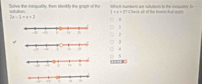 Solve the inequality, then identify the graph of the Which numbers are solutions to the inequalty 2x --
solution. 1>x+2 ? Check all of the boxes that apply
2x-1>x+2
0
1
2
3
4
5
DONE