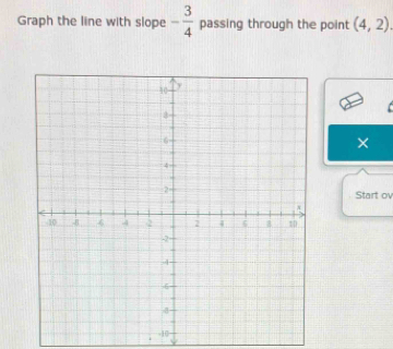 Graph the line with slope - 3/4  passing through the point (4,2)
× 
Start ov
-10