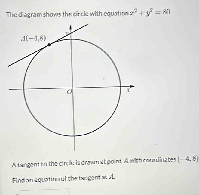 The diagram shows the circle with equation x^2+y^2=80
A tangent to the circle is drawn at point A with coordinates (-4,8)
Find an equation of the tangent at A.