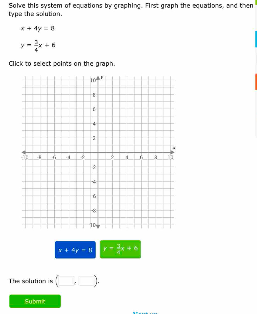 Solve this system of equations by graphing. First graph the equations, and then 
type the solution.
x+4y=8
y= 3/4 x+6
Click to select points on the graph.
x+4y=8 y= 3/4 x+6
The solution is (□ ,□ ). 
Submit