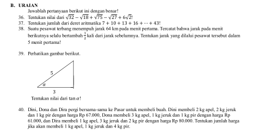 URAIAN 
Jawablah pertanyaan berikut ini dengan benar! 
36. Tentukan nilai dari sqrt(32)-sqrt(18)+sqrt(75)-sqrt(27)+6sqrt(2)!
37. Tentukan jumlah dari deret aritmatika 7+10+13+16+·s +43!
38. Suatu pesawat terbang menempuh jarak 64 km pada menit pertama. Tercatat bahwa jarak pada menit 
berikutnya selalu bertambah  1/2  kali dari jarak sebelumnya. Tentukan jarak yang dilalui pesawat tersebut dalam
5 menit pertama! 
39. Perhatikan gambar berikut. 
Tentukan nilai dari tanα! 
40. Dini, Dona dan Dira pergi bersama-sama ke Pasar untuk membeli buah. Dini membeli 2 kg apel, 2 kg jeruk 
dan 1 kg pir dengan harga Rp 67.000, Dona membeli 3 kg apel, 1 kg jeruk dan 1 kg pir dengan harga Rp
61.000, dan Dira membeli 1 kg apel, 3 kg jeruk dan 2 kg pir dengan harga Rp 80.000. Tentukan jumlah harga 
jika akan membeli 1 kg apel, 1 kg jeruk dan 4 kg pir.