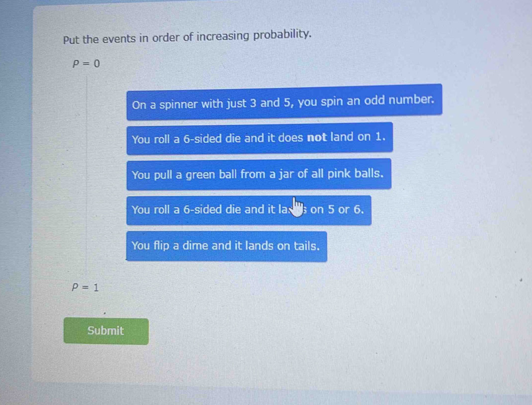 Put the events in order of increasing probability.
rho =0
On a spinner with just 3 and 5, you spin an odd number.
You roll a 6 -sided die and it does not land on 1.
You pull a green ball from a jar of all pink balls.
You roll a 6 -sided die and it la son 5 or 6.
You flip a dime and it lands on tails.
P=1
Submit