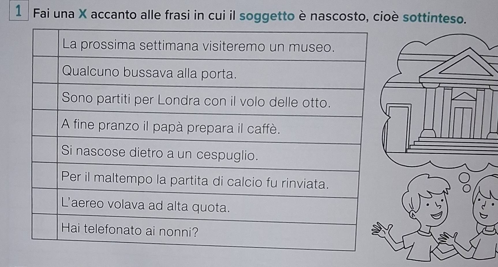 Fai una X accanto alle frasi in cui il soggetto è nascosto, cioè sottinteso.