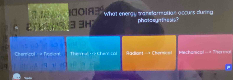 O1A What energy transformation occurs during
IH
photosynthesis?
Chemical --> Radiant Thermal --> Chemical Radiant -- Chemical Mechanical Thermal