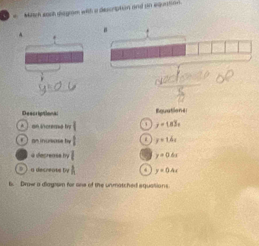 ' kach soch diegram with a description and on equation . 
B 
A 
Descriptions: Equations 
A ] an increase by 
s y=1.83s
) an increase by  6/8  y=1.6s
a a decrease by y=0.6x
) a decrease b7 6 y=0.4x
b. Drow a diagram for one of the unmatched squations