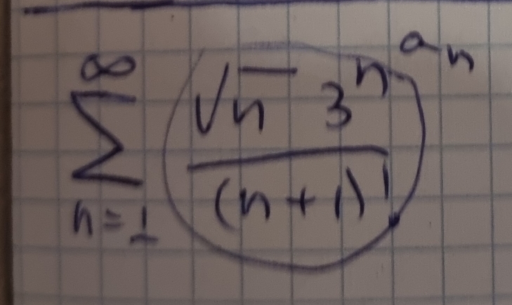 sumlimits _(n=1)^(∈fty)( sqrt(n)3^n/(n+1)! )^n