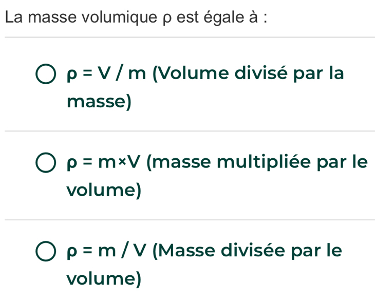 Résolu :La masse volumique ρ est égale à : rho =V/m Volume divisé par ...