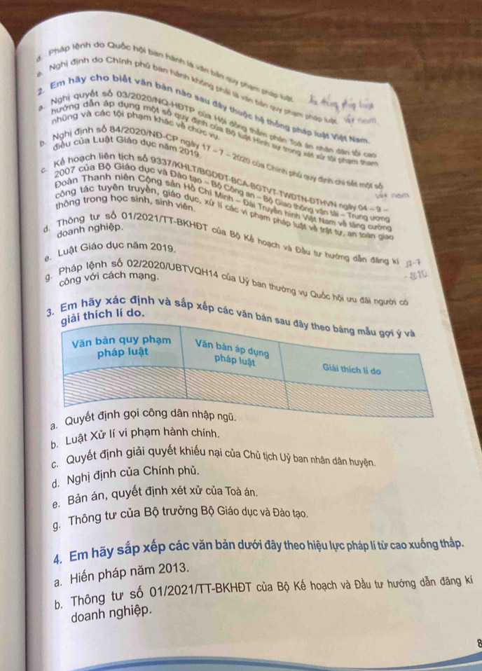 Pháp lệnh đo Quốc hội ban hành là vận bin quy phạm pháp luan
a. Nghị định do Chính phủ ban hành không phải là viăn bản quy phạm pháp luật
2. Em hãy cho biết văn bản nào sau đây thuộc hệ thống pháp luật Việt Nam
những và các tội phạm khác về chức vụ
a. Nghị quyết số 03/2020/NO-MĐTP của Hồi đồng thầm phán Toá án nhận dân tối ca
hướng dẫn áp dụng một số quy định của Bộ luật Hình sự trong xát xử sối pham thay
điều của Luật Giáo dục năm 2019
b. Nghị định số 84/2020/NĐ-CP ngày 17− 7 - 2020 của Chính phú quy định chi tiết một sĩ
c. Kể hoạch liên tịch số 9337/KHLT/BGDDT-BCA-BGTVT-TWDTN-ĐTHVN ngày 04 - 9 
2007 của Bộ Giáo dục và Đào tạo - Bộ Công an - Bộ Giao thông văn tài - Trung ươn
vet năm
Đoàn Thanh niên Cộng sản Hồ Chí Minh - Đài Truyện hình Việt Nam về tăng cường
thông trong học sinh, sinh viện
công tác tuyên truyền, giáo dục, xử lí các vi phạm pháp luật về trật tư, an toàn giao
doanh nghiệp.
d. Thông tư số 01/2021/TT-BKHĐT của Bộ Kế hoạch và Đầu tư hướng dẫn điăng kí
e. Luật Giáo dục năm 2019.
công với cách mạng.
g. Pháp lệnh số 02/2020/UBTVQH14 của Uỷ ban thưởng vụ Quốc hội ưu đãi người có
ích lí do.
3. Em hãy xác định và sắp xếp các vă
a.
b. Luật Xử lí vi phạm hành chính.
c.Quyết định giải quyết khiếu nại của Chủ tịch Uỷ ban nhân dân huyện.
d. Nghị định của Chính phủ.
e. Bản án, quyết định xét xử của Toà án.
g. Thông tư của Bộ trưởng Bộ Giáo dục và Đào tạo.
4. Em hãy sắp xếp các văn bản dưới đây theo hiệu lực pháp lí từ cao xuống thấp.
a. Hiến pháp năm 2013.
b. Thông tư số 01/2021/TT-BKHĐT của Bộ Kế hoạch và Đầu tư hướng dẫn đăng kí
doanh nghiệp.