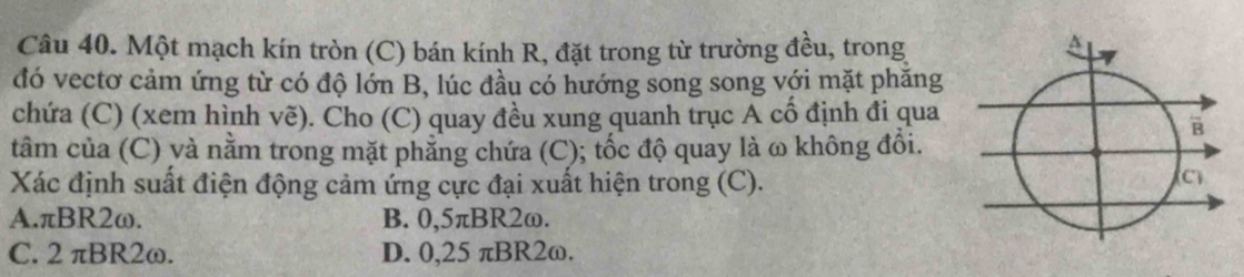 Một mạch kín tròn (C) bán kính R, đặt trong từ trường đều, trong
đó vectơ cảm ứng từ có độ lớn B, lúc đầu có hướng song song với mặt phăng
chứa (C) (xem hình vẽ). Cho (C) quay đều xung quanh trục A cố định đi qua
tâm của (C) yà nằm trong mặt phẳng chứa (C); tốc độ quay là ω không đổi.
Xác định suất điện động cảm ứng cực đại xuất hiện trong (C).
A. πBR2ω. B. 0,5πBR2ω.
C. 2 πBR2ω. D. 0,25 πBR2ω.