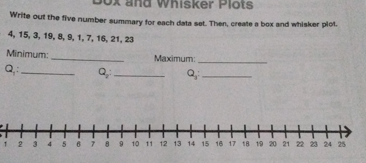 Box and Whisker Plots 
Write out the five number summary for each data set. Then, create a box and whisker plot.
4, 15, 3, 19, 8, 9, 1, 7, 16, 21, 23
Minimum:_ Maximum:_
Q_1 : _ 
_ Q_2 :
Q_3 : _ 
1