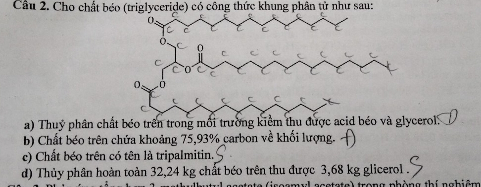 Cho chất béo (triglyceride) có công thức khung phân tử như sau: 
a) Thuỷ phân chất béo trên trong mối trường kiểm thu được rol. 
b) Chất béo trên chứa khoảng 75,93% carbon về khối lượng. 
c) Chất béo trên có tên là tripalmitin. 
d) Thủy phân hoàn toàn 32,24 kg chất béo trên thu được 3,68 kg glicerol . 
g phòng thí nghiêm