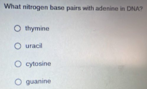 What nitrogen base pairs with adenine in DNA?
thymine
uracil
cytosine
guanine