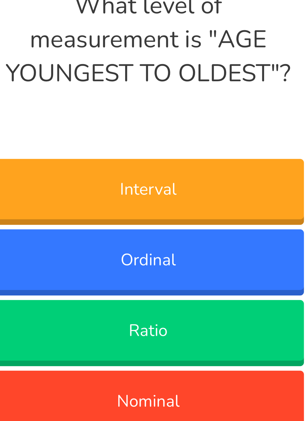 What level of
measurement is "AGE
YOUNGEST TO OLDEST"?
Interval
Ordinal
Ratio
Nominal