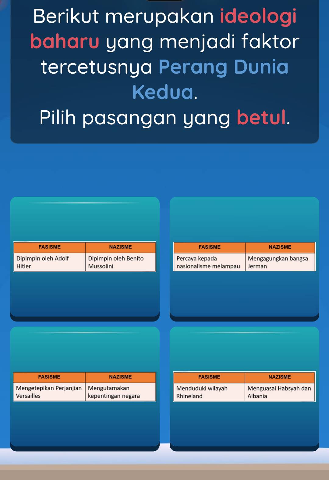 Berikut merupakan ideologi
baharu yang menjadi faktor
tercetusnya Perang Dunia
Kedua.
Pilih pasangan yang betul.
FASISME NAZISME
Mengetepikan Perjanjian Mengutamakan 
Versailles kepentingan negara