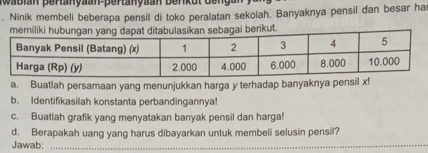 ablan pertanyaan-pertanyaan Benkut dengan y. Ninik membeli beberapa pensil di toko peralatan sekolah. Banyaknya pensil dan besar ha 
ai berikut. 
a. Buatlah persamaan yang menunjukkan harga y terhadap banyaknya pensil x! 
b. Identifikasilah konstanta perbandingannya! 
c. Buatlah grafik yang menyatakan banyak pensil dan harga! 
d. Berapakah uang yang harus dibayarkan untuk membeli selusin pensil? 
Jawab:_