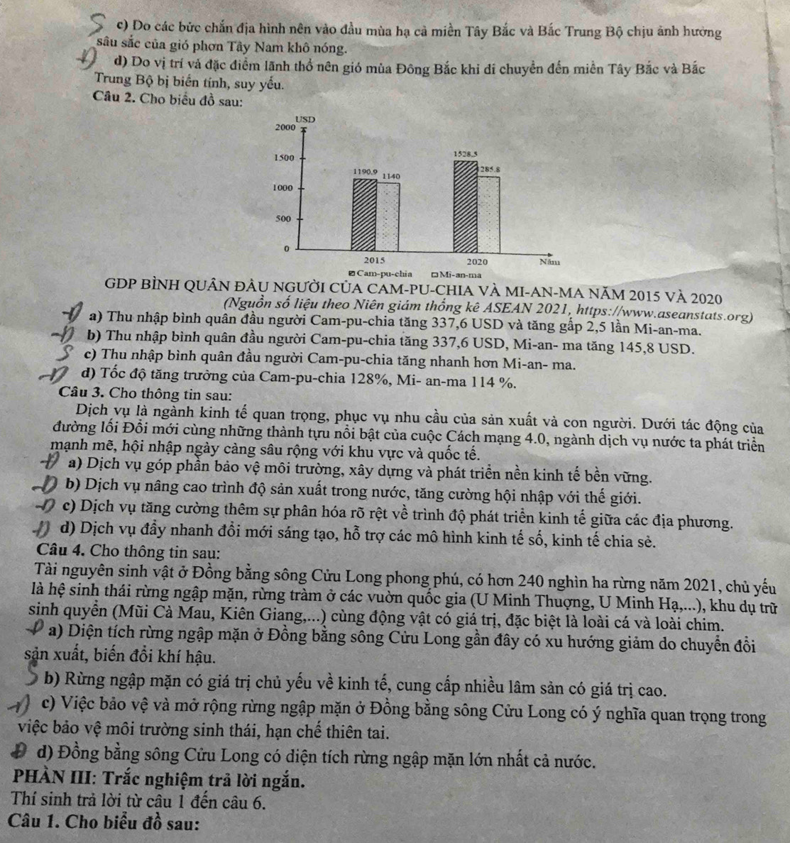 c) Do các bức chắn địa hình nên vào đầu mùa hạ cả miền Tây Bắc và Bắc Trung Bộ chịu ảnh hưởng
sâu sắc của gió phơn Tây Nam khô nóng.
d) Do vị trí và đặc điểm lãnh thổ nên gió mùa Đông Bắc khi di chuyển đến miền Tây Bắc và Bắc
Trung Bộ bị biển tính, suy yếu.
Câu 2. Cho biểu đồ sau:
GDP BÌNH QUÂN ĐÂU NGƯỜI CủA CAM-PU-CHIA VÀ MI-AN-MA NăM 2015 và 2020
(Nguồn số liệu theo Niên giám thống kê ASEAN 2021, https://www.aseanstats.org)
a) Thu nhập bình quân đầu người Cam-pu-chia tăng 337,6 USD và tăng gấp 2,5 lần Mi-an-ma.
b) Thu nhập bình quân đầu người Cam-pu-chia tăng 337,6 USD, Mi-an- ma tăng 145,8 USD.
c) Thu nhập bình quân đầu người Cam-pu-chia tăng nhanh hơn Mi-an- ma.
d) Tốc độ tăng trưởng của Cam-pu-chia 128%, Mi- an-ma 114 %.
Câu 3. Cho thông tin sau:
Dịch vụ là ngành kinh tế quan trọng, phục vụ nhu cầu của sản xuất và con người. Dưới tác động của
đường lối Đổi mới cùng những thành tựu nổi bật của cuộc Cách mạng 4.0, ngành dịch vụ nước ta phát triển
mạnh mẽ, hội nhập ngày càng sâu rộng với khu vực và quốc tế.
a) Dịch vụ góp phần bảo vệ môi trường, xây dựng và phát triển nền kinh tế bền vững.
b) Dịch vụ nâng cao trình độ sản xuất trong nước, tăng cường hội nhập với thế giới.
c) Dịch vụ tăng cường thêm sự phân hóa rõ rệt về trình độ phát triển kinh tế giữa các địa phương.
d) Dịch vụ đầy nhanh đổi mới sáng tạo, hỗ trợ các mô hình kinh tế số, kinh tế chia sẻ.
Câu 4. Cho thông tin sau:
Tài nguyên sinh vật ở Đồng bằng sông Cửu Long phong phú, có hơn 240 nghìn ha rừng năm 2021, chủ yếu
là hệ sinh thái rừng ngập mặn, rừng tràm ở các vuờn quốc gia (U Minh Thuợng, U Minh Hạ,...), khu dụ trữ
sinh quyển (Mũi Cà Mau, Kiên Giang,...) cùng động vật có giá trị, đặc biệt là loài cá và loài chim.
a) Diện tích rừng ngập mặn ở Đồng bằng sông Cửu Long gần đây có xu hướng giảm do chuyển đồi
sản xuất, biến đổi khí hậu.
b) Rừng ngập mặn có giá trị chủ yếu về kinh tế, cung cấp nhiều lâm sản có giá trị cao.
c) Việc bảo vệ và mở rộng rừng ngập mặn ở Đồng bằng sông Cửu Long có ý nghĩa quan trọng trong
việc bảo vệ môi trường sinh thái, hạn chế thiên tai.
Đ d) Đồng bằng sông Cửu Long có diện tích rừng ngập mặn lớn nhất cả nước.
PHÀN III: Trắc nghiệm trả lời ngắn.
Thí sinh trả lời từ câu 1 đến câu 6.
Câu 1. Cho biểu đồ sau: