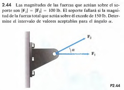 2.44 Las magnitudes de las fuerzas que actúan sobre el so-
porte son |F_1|=|F_2|=1001b. El soporte fallará si la magni-
tud de la fuerza total que actúa sobre él excede de 150 !b. Deter-
mine el intervalo de valores aceptables para el ángulo α.
P2.44