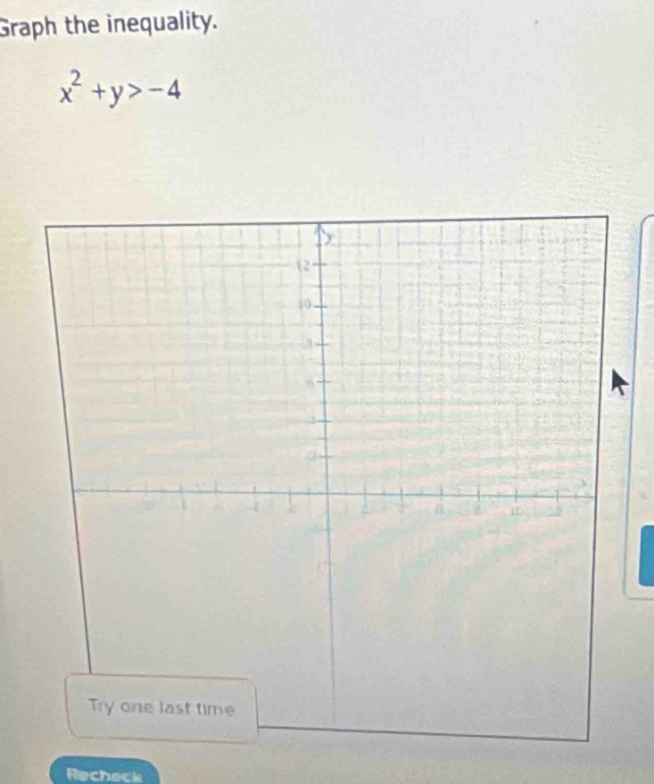 Graph the inequality.
x^2+y>-4
Recheck