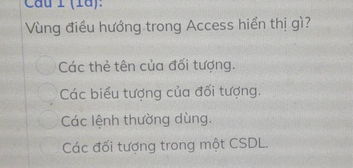 (1ã):
Vùng điều hướng trong Access hiển thị gì?
Các thẻ tên của đối tượng.
Các biểu tượng của đối tượng.
Các lệnh thường dùng.
Các đối tượng trong một CSDL.