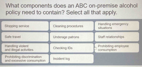 Solved: What components does an ABC on-premise alcohol policy need to ...