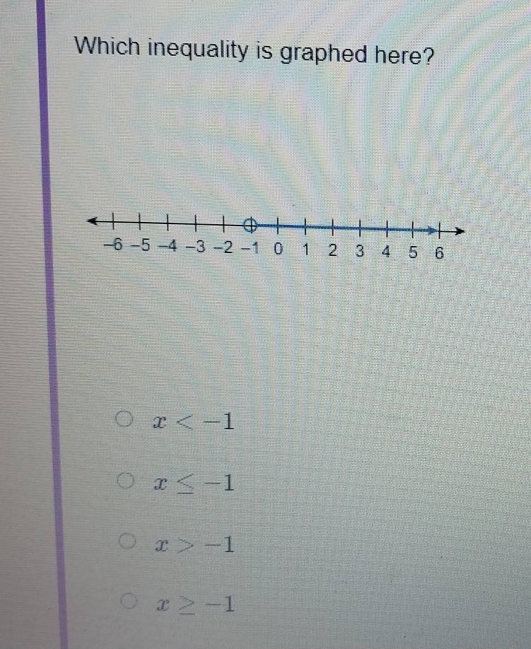 Which inequality is graphed here?
-6 -5 -4 -3 -2 -1 0 1 2 3 4 5 6
x
x≤ -1
x>-1
x≥ -1