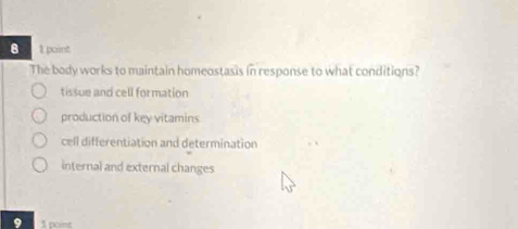 The body works to maintain homeostasis in response to what conditions?
tissue and cell formation
production of key vitamins
cell differentiation and determination
internal and external changes
1 point