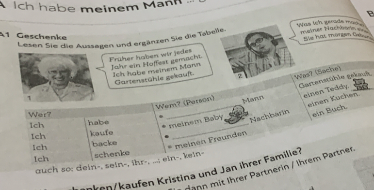 A ch habe meinem Mann ... 
B 
Was ich gerade mac 
A1 Geschenke 
Sie hat morgen Gebun 
Lesen Sie die Aussagen und ergänzen Sie die Tabelle. 
Früher haben wir jedes 
Jahr ein Hoffest gemacht. 
Ich habe meinem Mann 
Gartenstühle gekauft. 2 
Was? (Sache) 
Gartenstühle gekauft, 
_ 
Wem? (Person) Mann einen Teddy. 
einen Kuchen. 
Wer? 
ein Buch. 
Ich habe_ 
meinem Baby Nachbarin 
Ich kaufe 
Ich backe 
meinén Freunden 
Ich schenke 
auch so: dein-, sein-, ihr-, ...; ein-, kein- 
dann mit Ihrer Partnerin / Ihrem Partner 
Sn ke n/kaufen Kristina und Jan ihrer Familie?