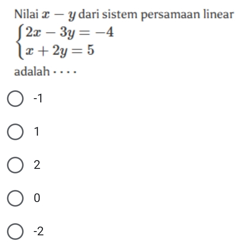 Nilai x-y dari sistem persamaan linear
beginarrayl 2x-3y=-4 x+2y=5endarray.
adalah · · · ·
-1
1
2
0
-2