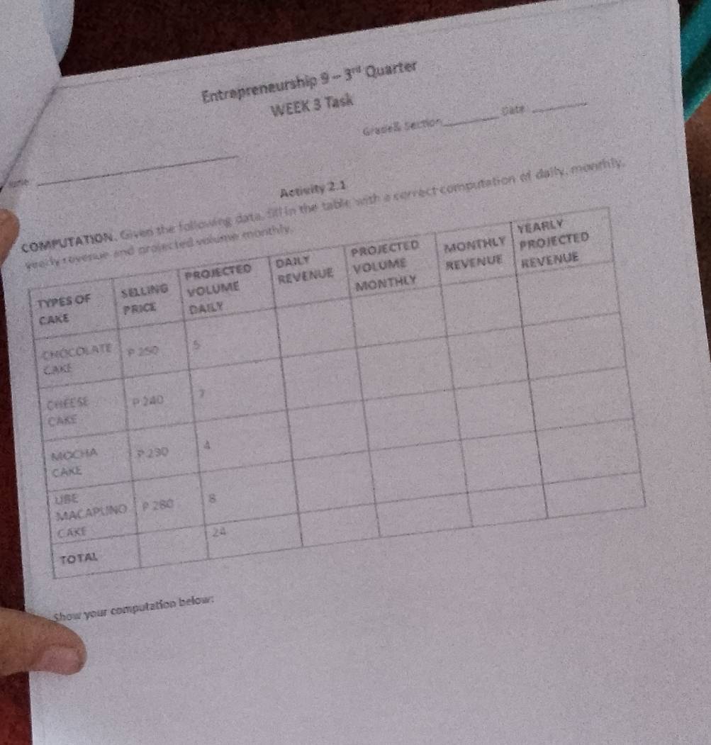 Entrapreneurship 9-3^(nd) Quarter 
WEEK 3 Task 
ate 
_ 
Gradeß Saction 
_ 
_ 

Activity 2.1 
correct computation of daily, monthly. 
Show your computation below: