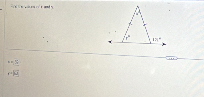 Find the values of x and y.
x=59
y=62