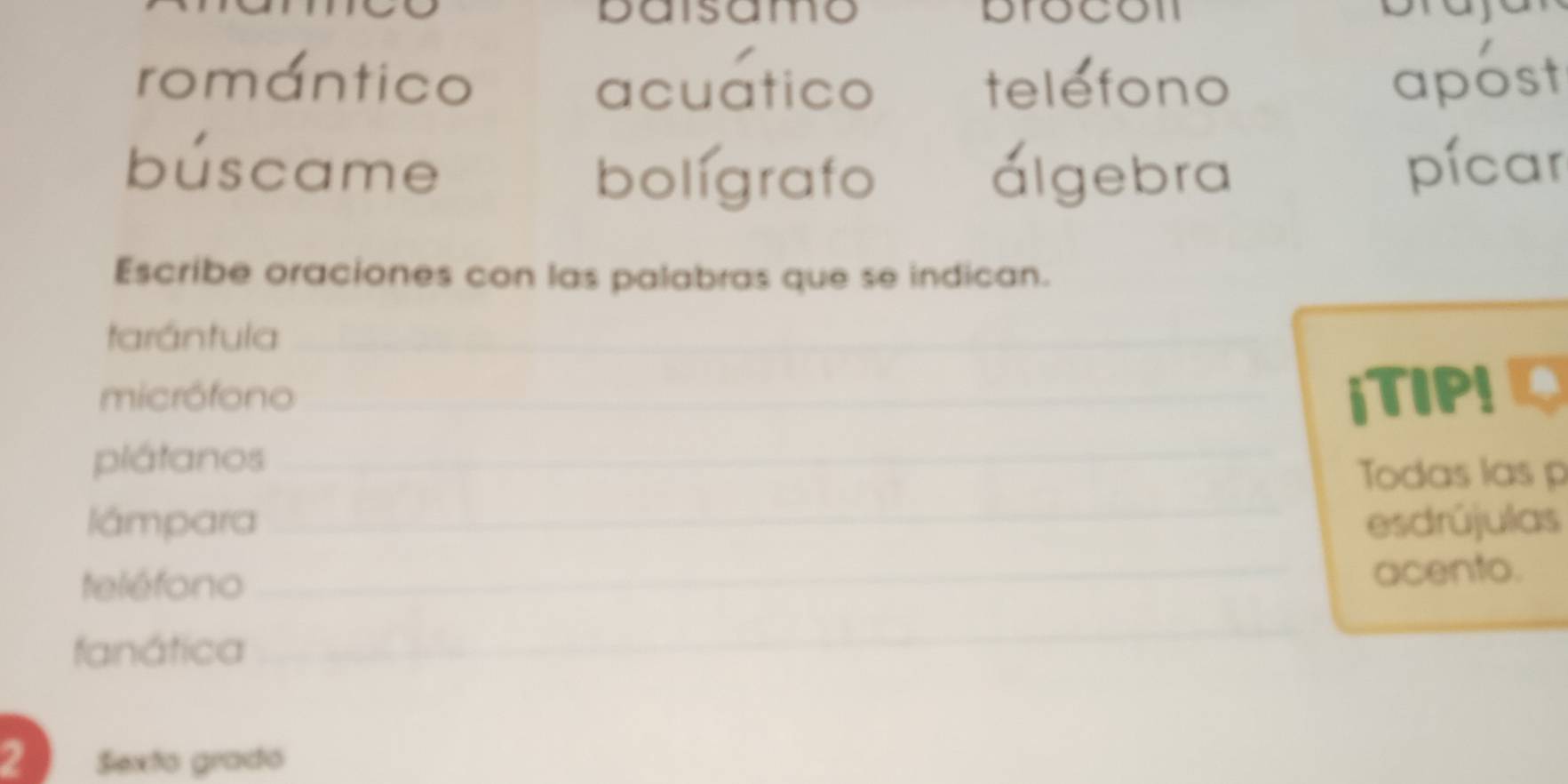 baisamo drocon 
romántico telefono apost 
acuatico 
búscame pícar 
boligrafo álgebra 
Escribe oraciones con las palabras que se indican. 
tarántula 
micrófono iTIP! 
plátanos 
Todas las p 
lámpara esdrújulas 
teléfono 
acento. 
fanática 
2 $exto grado