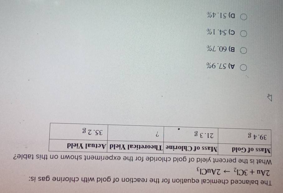 The balanced chemical equation for the reaction of gold with chlorine gas is:
2Au+3Cl_2to 2AuCl_3
What is the percent yield of gold chloride for the experiment shown e?
A) 57.9%
B) 60.7%
C) 54.1%
D) 51.4%