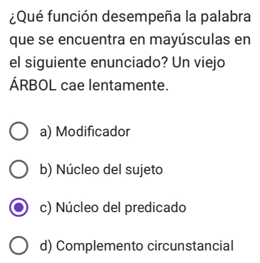 ¿Qué función desempeña la palabra
que se encuentra en mayúsculas en
el siguiente enunciado? Un viejo
ÁRBOL cae lentamente.
a) Modificador
b) Núcleo del sujeto
c) Núcleo del predicado
d) Complemento circunstancial