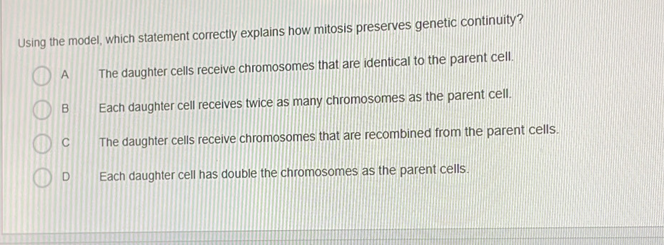 Using the model, which statement correctly explains how mitosis preserves genetic continuity?
A The daughter cells receive chromosomes that are identical to the parent cell.
B Each daughter cell receives twice as many chromosomes as the parent cell.
C The daughter cells receive chromosomes that are recombined from the parent cells.
D Each daughter cell has double the chromosomes as the parent cells.