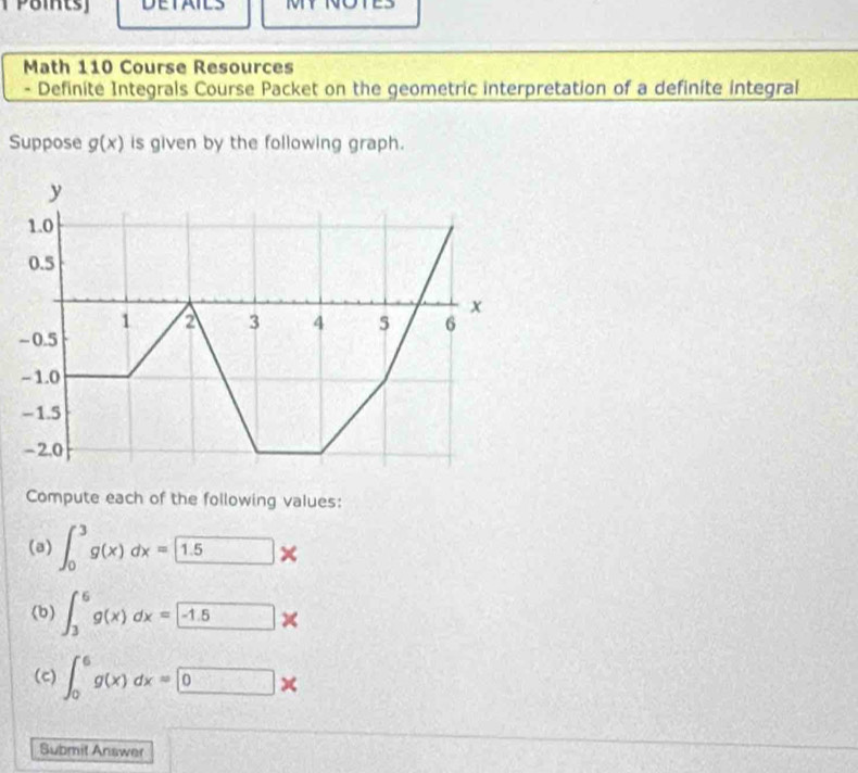 Poits] 
Math 110 Course Resources 
- Definite Integrals Course Packet on the geometric interpretation of a definite integral 
Suppose g(x) is given by the following graph.
y
1.0
0.5
1 2 3 4 5 6 x
- 0.5
- 1.0
-1.5
-2,0
Compute each of the following values: 
(a) ∈t _0^(3g(x)dx= 1.5)*
(b) ∈t _3^6g(x)dx=-1.5*
(c) ∈t _0^6g(x)dx=0*
Submit Answer