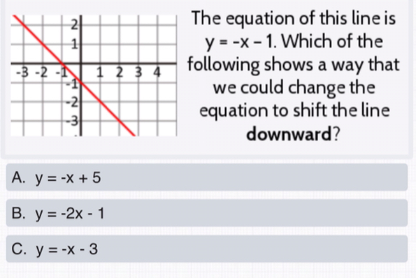 The equation of this line is
. Which of the
y=-x-1
ollowing shows a way that
we could change the
equation to shift the line
downward?
A. y=-x+5
B. y=-2x-1
C. y=-x-3