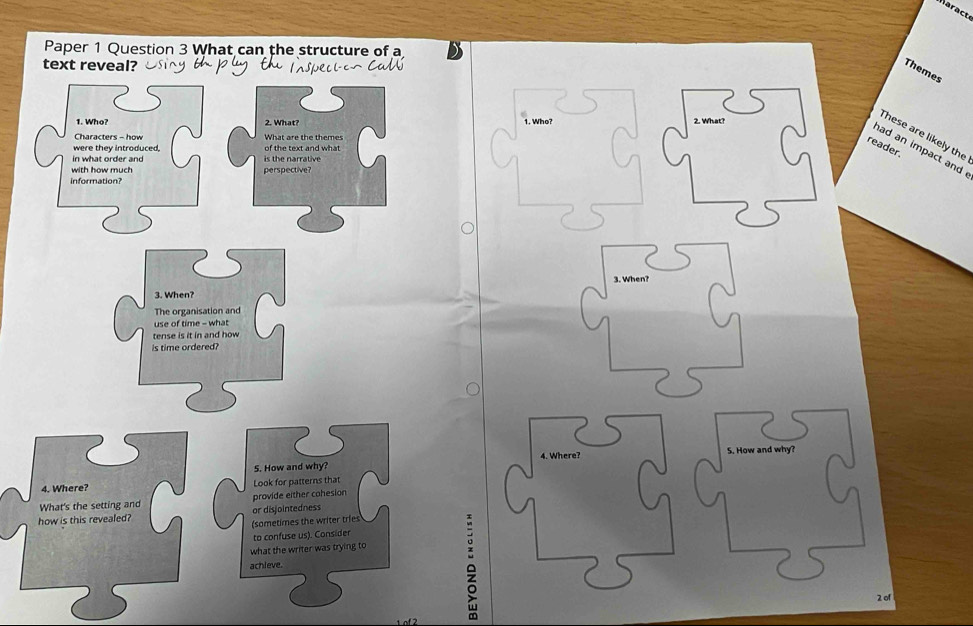 ara ct 
Paper 1 Question 3 What can the structure of a 
text reveal? 
Themes 
1. Who? 2. What? 1. Who? 
2. What? 
These are likely the 
Characters - how What are the themes 
reader. 
were they introduced, of the text and what 
ad an impact and . 
in what order and is the narrative 
with how much perspective? 
information? 
3. When? 
3. When? 
The organisation and 
use of time - what 
tense is it in and how 
is time ordered? 
4. Where? S. How and why? 
S. How and why? 
4. Where? Look for patterns that 
What's the setting and provide either cohesion 
how is this revealed? or disjointedness 
(sometimes the writer tries 
to confuse us). Consider 
what the writer was trying to 
achleve. 
。 
2 ol