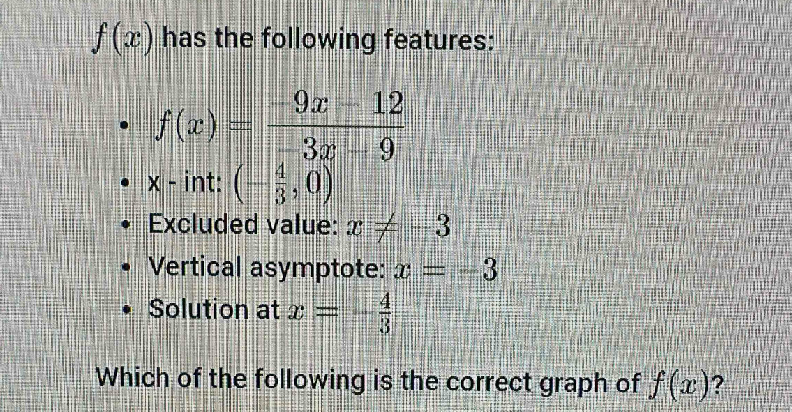 f(x) has the following features:
f(x)= (-9x-12)/-3x-9 
x - int: (- 4/3 ,0)
Excluded value: x!= -3
Vertical asymptote: x=-3
Solution at x=- 4/3 
Which of the following is the correct graph of f(x) ?