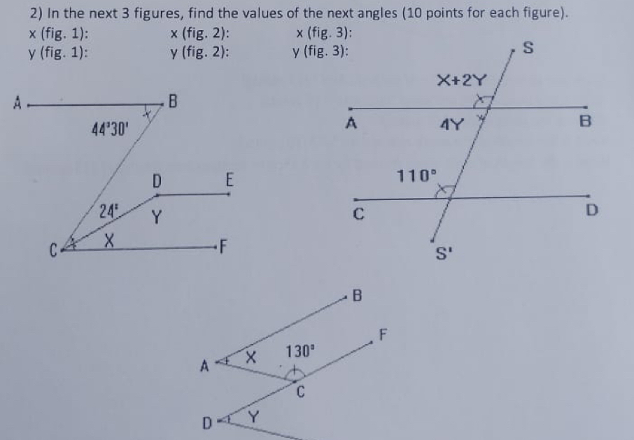 In the next 3 figures, find the values of the next angles (10 points for each figure).
x(fig.1):
x(fig.2):
y(fig.1):
y(fig.2): V