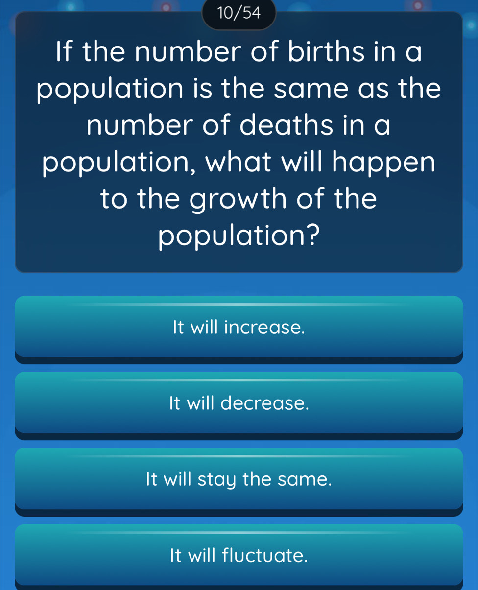 10/54
If the number of births in a
population is the same as the
number of deaths in a
population, what will happen
to the growth of the
population?
It will increase.
It will decrease.
It will stay the same.
It will fluctuate.