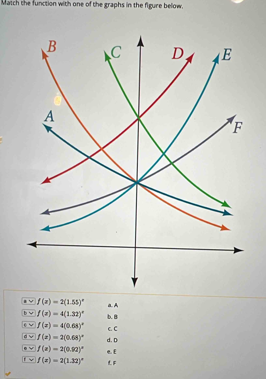 Match the function with one of the graphs in the figure below.
a f(x)=2(1.55)^x a. A
b f(x)=4(1.32)^x b. B
f(x)=4(0.68)^x c. C
d f(x)=2(0.68)^x d. D
. f(x)=2(0.92)^x e. E
f f(x)=2(1.32)^x f. F